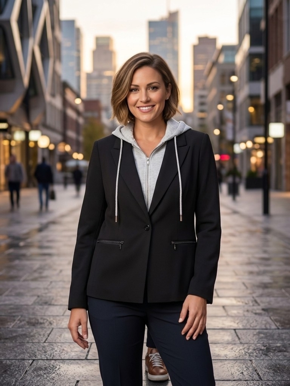 Stella Luce Black Blazer with Removable Gray Hoodie Detail